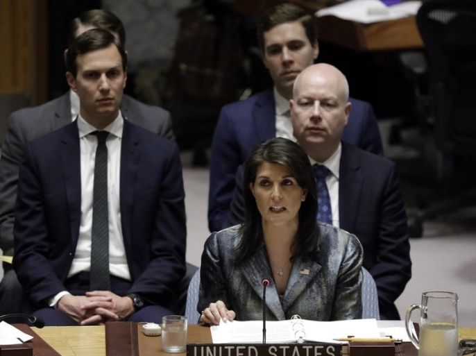 epa06546995 United States Ambassador to the United Nations Nikki Haley addresses a Security Council meeting on the situation in the Middle East, including the Palestinian question at United Nations headquarters in New York, New York, USA, 20 February 2018. EPA-EFE/JASON SZENES