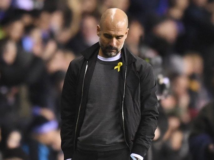 WIGAN, ENGLAND - FEBRUARY 19: Josep Guardiola, Manager of Manchester City looks dejected during the Emirates FA Cup Fifth Round match between Wigan Athletic and Manchester City at DW Stadium on February 19, 2018 in Wigan, England. (Photo by Michael Regan/Getty Images)