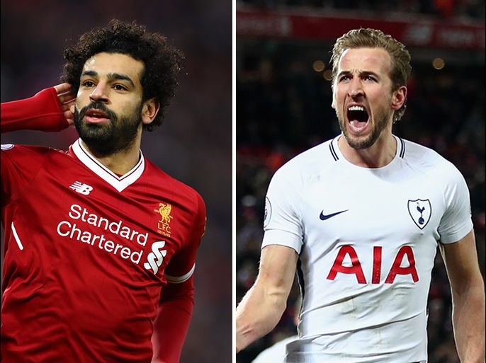 Mohamed Salah of Liverpool celebrates after scoring his sides first goal + Harry Kane of Tottenham Hotspur celebrates with team mates after scoring