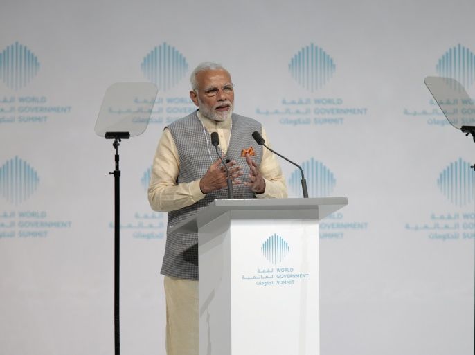 India's Prime Minister Narendra Modi speaks during the World Government Summit in Dubai, United Arab Emirates February 11, 2018. REUTERS/Christopher Pike