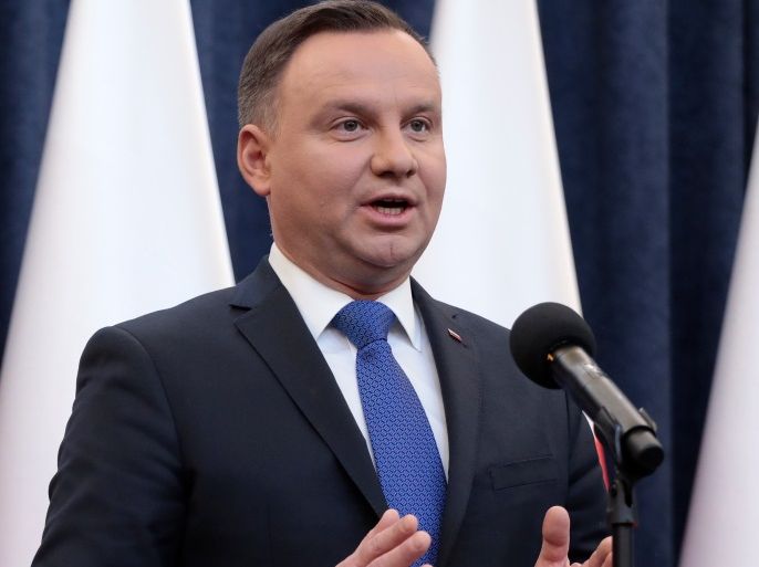 Poland's President Andrzej Duda speaks during his media announcement about his decision on the Holocaust bill at Presidential Palace in Warsaw, Poland, February 6, 2018. Agencja Gazeta/Dawid Zuchowicz via REUTERS ATTENTION EDITORS - THIS IMAGE WAS PROVIDED BY A THIRD PARTY. POLAND OUT. NO COMMERCIAL OR EDITORIAL SALES IN POLAND.