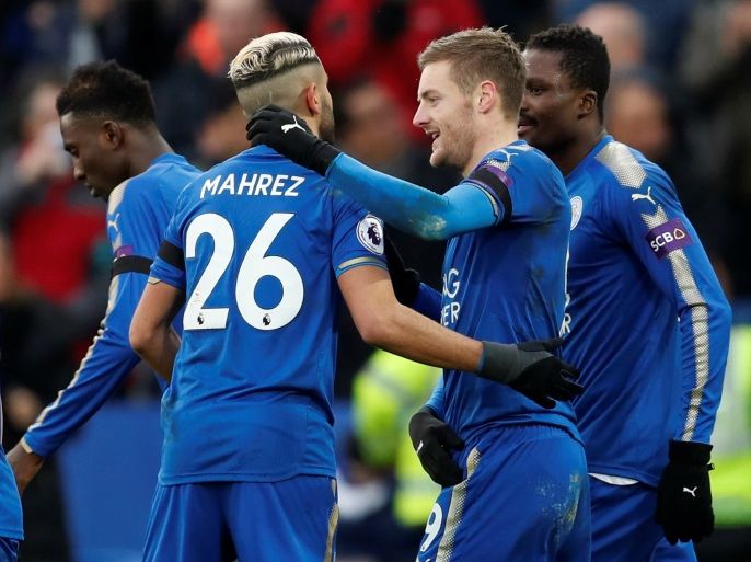 Soccer Football - Premier League - Leicester City vs Watford - King Power Stadium, Leicester, Britain - January 20, 2018 Leicester City's Jamie Vardy celebrates with Riyad Mahrez after scoring their first goal from the penalty spot Action Images via Reuters/Matthew Childs EDITORIAL USE ONLY. No use with unauthorized audio, video, data, fixture lists, club/league logos or