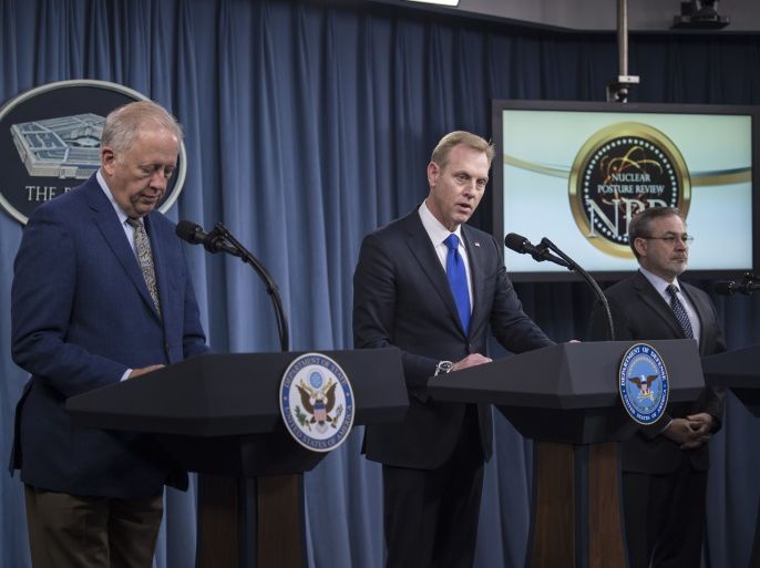 Deputy Defense Secretary Patrick M. Shanahan, center, Undersecretary of State for Political Affairs Thomas A. Shannon Jr., left, and Deputy Energy Secretary Dan Brouillette brief the press on the 2018 Nuclear Posture Review at the Pentagon, Feb. 2, 2018. DoD photo by Navy Petty Officer 1st Class Kathryn E. Holm