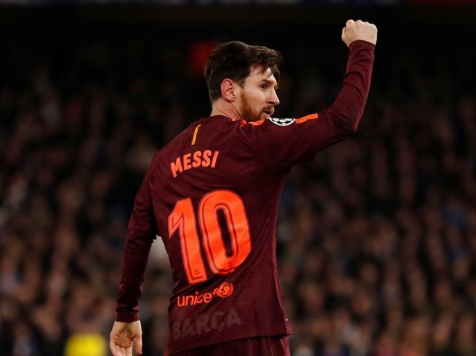 Soccer Football - Champions League Round of 16 First Leg - Chelsea vs FC Barcelona - Stamford Bridge, London, Britain - February 20, 2018 Barcelona’s Lionel Messi celebrates scoring their first goal Action Images via Reuters/Andrew Boyers