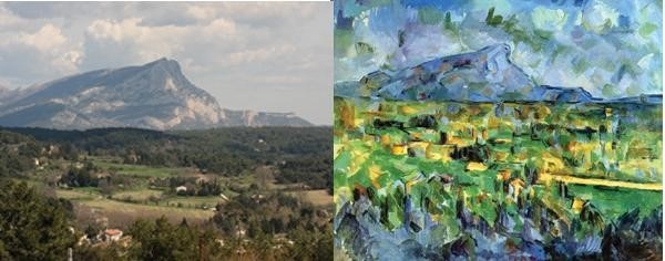 على اليمين لوحة لجبل سانت فكتوار رسمها سيزان وعلى اليسار صورة فوتوغرافية للجبل