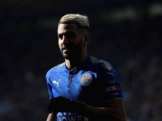LEICESTER, ENGLAND - FEBRUARY 24: Riyad Mahrez of Leicester City in action during the Premier League match between Leicester City and Stoke City at The King Power Stadium on February 24, 2018 in Leicester, England. (Photo by Ross Kinnaird/Getty Images)