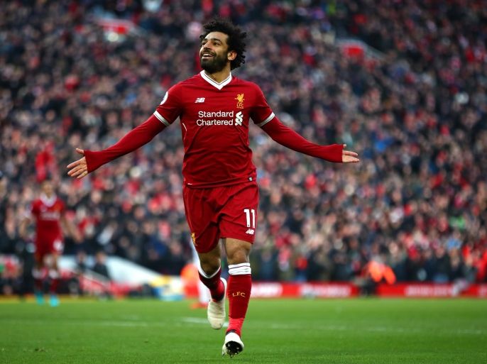 LIVERPOOL, ENGLAND - FEBRUARY 24: Mohamed Salah of Liverpool celebrates scoring his side's second goal during the Premier League match between Liverpool and West Ham United at Anfield on February 24, 2018 in Liverpool, England. (Photo by Clive Brunskill/Getty Images)