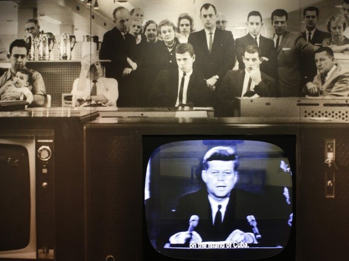 A display shows excerpts to U.S. President John F. Kennedy's October 22, 1962 televised address about the Cuban Missile Crisis, part of an exhibit titled