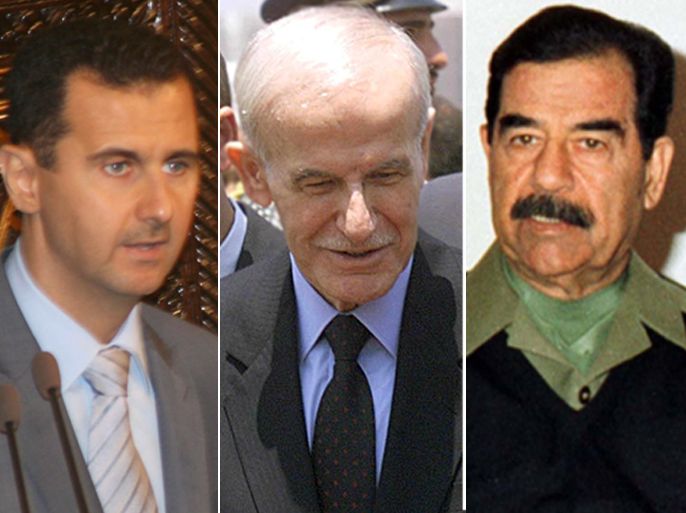 كومبو يجمع بين صور الرئيس العراقي الراحل صدام حسين والرئيس السوري السابق حافظ الأسد والرئيس السوري بشار الأسد.