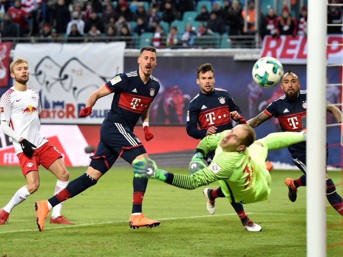 Soccer Football - Bundesliga - RB Leipzig vs Bayern Munich - Red Bull Arena, Leipzig, Germany - March 18, 2018 Bayern Munich’s Sandro Wagner scores their first goal REUTERS/Matthias Rietschel DFL RULES TO LIMIT THE ONLINE USAGE DURING MATCH TIME TO 15 PICTURES PER GAME. IMAGE SEQUENCES TO SIMULATE VIDEO IS NOT ALLOWED AT ANY TIME. FOR FURTHER QUERIES PLEASE CONTACT DFL DIRECTLY AT + 49 69 650050 TPX IMAGES OF THE DAY