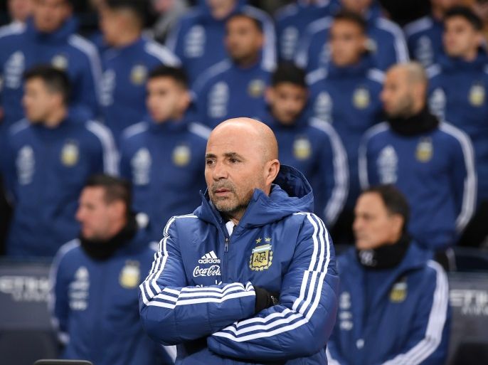 MANCHESTER, ENGLAND - MARCH 23: Jorge Sampaoli, head coach of Argentina, looks on prior to the International friendly match between Italy and Argentina at Etihad Stadium on March 23, 2018 in Manchester, England. (Photo by Laurence Griffiths/Getty Images)