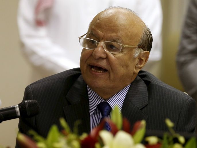 Yemen's President Abed Rabbu Mansour Hadi addresses a news conference at a Saudi center for the co-ordination of humanitarian resistance for Yemen in Riyadh, in Saudi Arabia July 28, 2015. REUTERS/Faisal Al Nasser