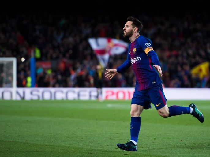 BARCELONA, SPAIN - APRIL 07: Lionel Messi of FC Barcelona celebrates after scoring the opening goal during the La Liga match between Barcelona and Leganes at Camp Nou on April 7, 2018 in Barcelona, Spain. (Photo by Alex Caparros/Getty Images)