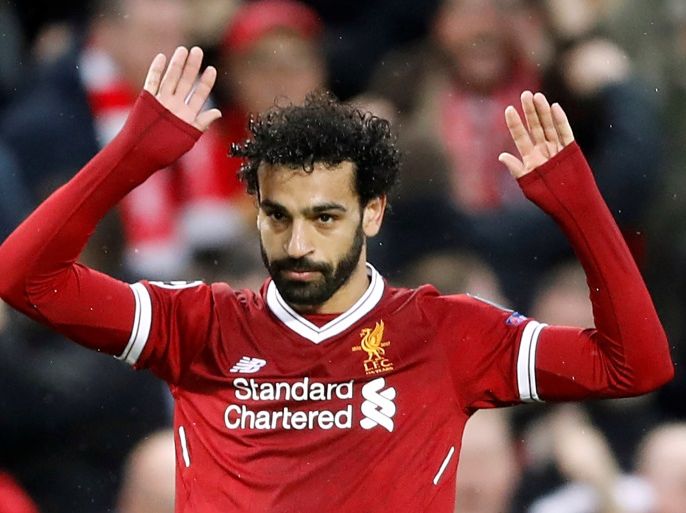Soccer Football - Champions League Semi Final First Leg - Liverpool vs AS Roma - Anfield, Liverpool, Britain - April 24, 2018 Liverpool's Mohamed Salah celebrates scoring their first goal Action Images via Reuters/Carl Recine