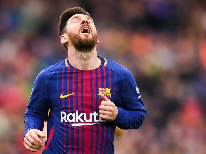 BARCELONA, SPAIN - APRIL 14: Lionel Messi of FC Barcelona reacts after missing a chance to score during the La Liga match between Barcelona and Valencia at Camp Nou on April 14, 2018 in Barcelona, Spain. (Photo by David Ramos/Getty Images)