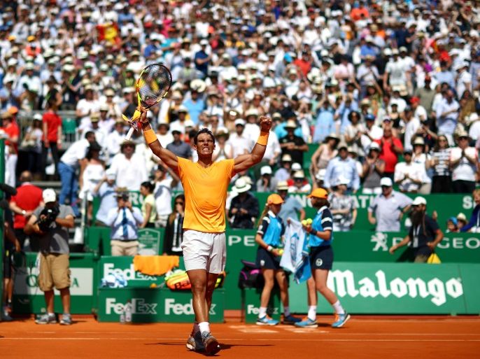 MONTE-CARLO, MONACO - APRIL 21: Rafael Nadal of Spain celebrates his victory after his men's Semi-Final match against Grigor Dimitrov of Bulgaria during day seven of ATP Masters Series: Monte Carlo Rolex Masters at Monte-Carlo Sporting Club on April 21, 2018 in Monte-Carlo, Monaco. (Photo by Julian Finney/Getty Images)