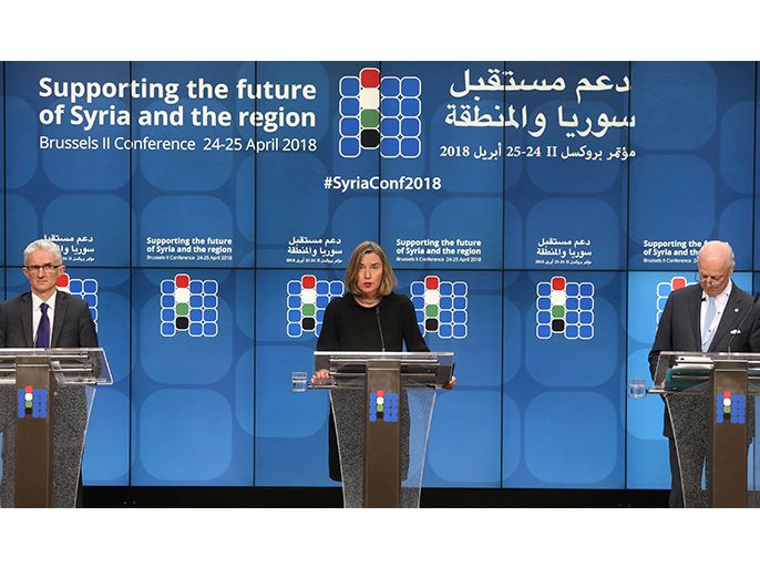 U.N. Under-Secretary-General for Humanitarian Affairs and Emergency Relief Coordinator Mark Lowcock, European Union foreign policy chief Federica Mogherini and U.N. High Commissioner for Refugees Filippo Grandi address a news conference during an international conference on the future of Syria and the region, in Brussels, Belgium, April 25, 2018. REUTERS/Francois Walschaerts