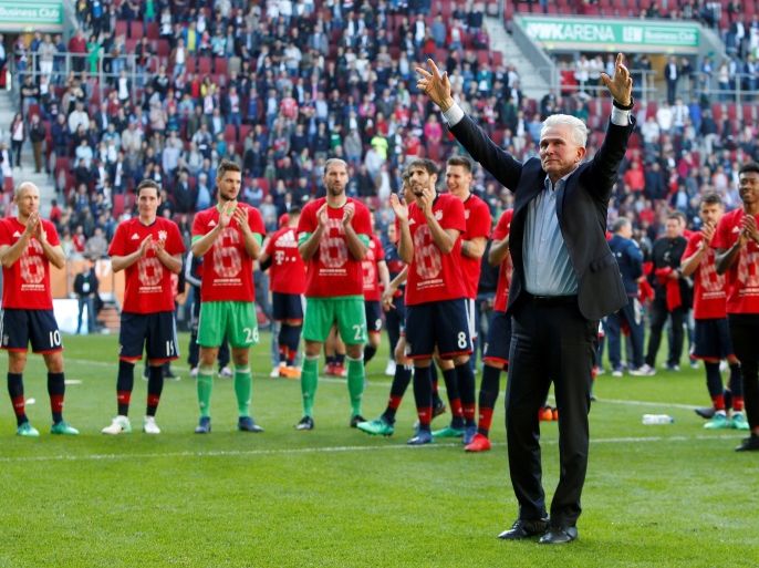 Soccer Football - Bundesliga - FC Augsburg vs Bayern Munich - WWK Arena, Augsburg, Germany - April 7, 2018 Bayern Munich coach Jupp Heynckes celebrates winning the league in front of the fans at the end of the match REUTERS/Michaela Rehle DFL RULES TO LIMIT THE ONLINE USAGE DURING MATCH TIME TO 15 PICTURES PER GAME. IMAGE SEQUENCES TO SIMULATE VIDEO IS NOT ALLOWED AT ANY TIME. FOR FURTHER QUERIES PLEASE CONTACT DFL DIRECTLY AT + 49 69 650050 TPX IMAGES OF THE DAY