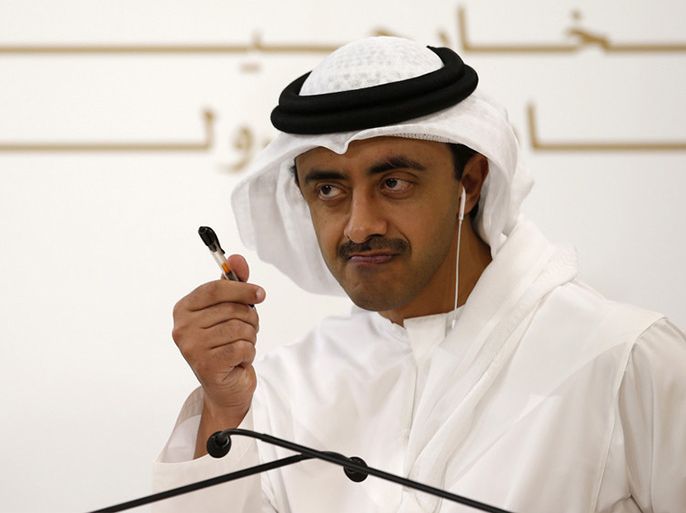 A file picture dated 07 March 2016 shows United Arab Emirates Minister of Foreign Affairs and International Co-operation Sheikh Abdullah bin Zayed bin Sultan Al Nahyan gestures during a press conference with German Foreign Minister Frank-Walter Steinmeier (not pictured) at the UAE Ministry of Foreign Affairs in Abu Dhabi, United Arab Emirate
