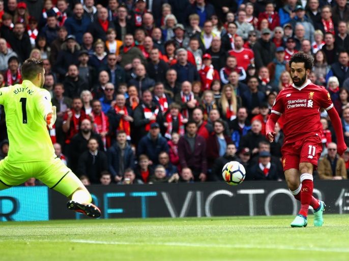 LIVERPOOL, ENGLAND - APRIL 28: Mohamed Salah of Liverpool sees his shot go wide during the Premier League match between Liverpool and Stoke City at Anfield on April 28, 2018 in Liverpool, England. (Photo by Clive Brunskill/Getty Images)
