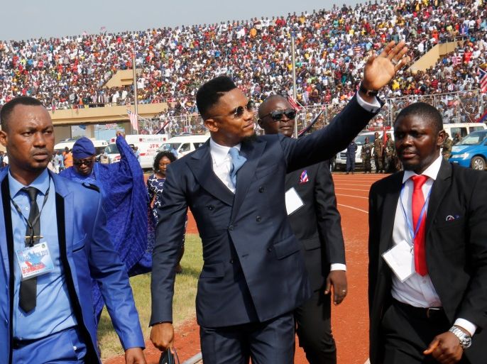Cameroon international soccer player Samuel Eto'o Fils arrives for Liberia's new President George Weah swearing-in ceremony at the Samuel Kanyon Doe Sports Complex in Monrovia, Liberia, January 22, 2018. REUTERS/Thierry Gouegnon