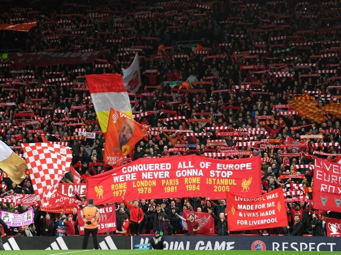 LIVERPOOL, ENGLAND - APRIL 04: Liverpool fans hold up banners and scarfs prior to the UEFA Champions League Quarter Final Leg One match between Liverpool and Manchester City at Anfield on April 4, 2018 in Liverpool, England. (Photo by Shaun Botterill/Getty Images)