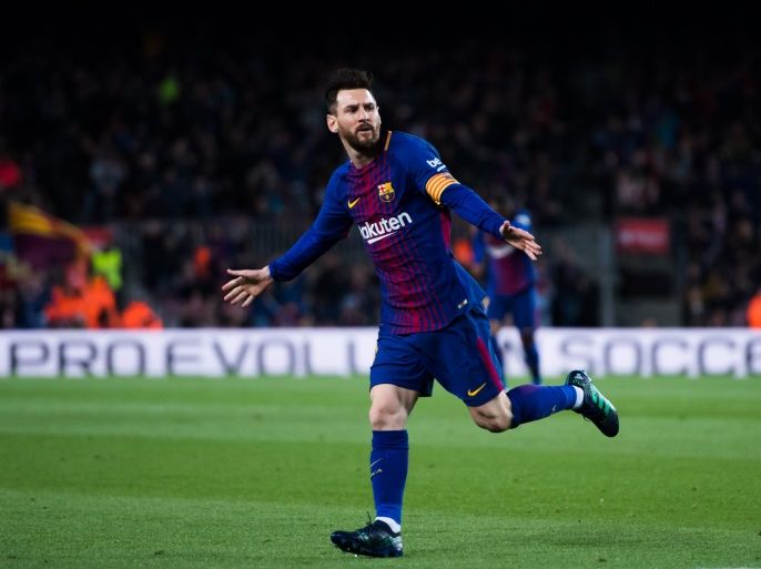BARCELONA, SPAIN - APRIL 07: Lionel Messi of FC Barcelona celebrates after scoring the opening goal during the La Liga match between Barcelona and Leganes at Camp Nou on April 7, 2018 in Barcelona, Spain. (Photo by Alex Caparros/Getty Images)