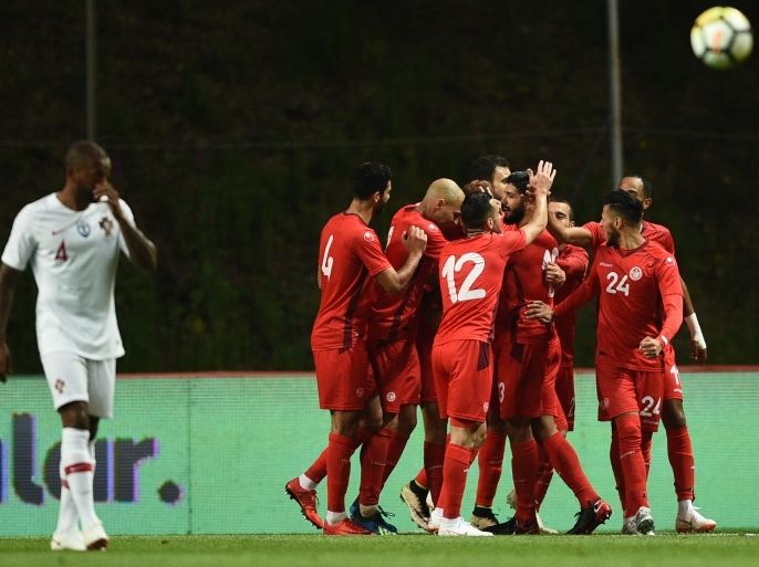 BRAGA, PORTUGAL - MAY 28: Players of Tunisia celebrates the draw goal (2-2) during the international friendly football match against Portugal and Tunisia at the Municipal stadium de Braga on May 28, 2018 in Braga, Portugal. (Photo by Octavio Passos/Getty Images)