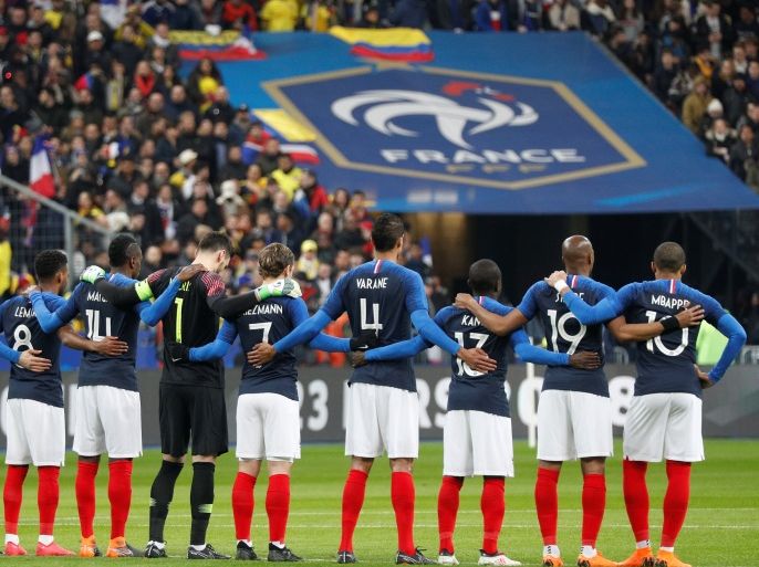 Soccer Football - International Friendly - France vs Colombia - Stade De France, Saint-Denis, France - March 23, 2018 France players during a minutes silence before the match REUTERS/Charles Platiau