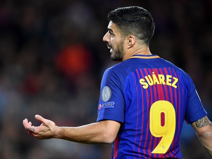 BARCELONA, SPAIN - APRIL 04: Luis Suarez of Barcelona reacts during the UEFA Champions League Quarter Final Leg One match between FC Barcelona and AS Roma at Camp Nou on April 4, 2018 in Barcelona, Spain. (Photo by Stuart Franklin/Getty Images)