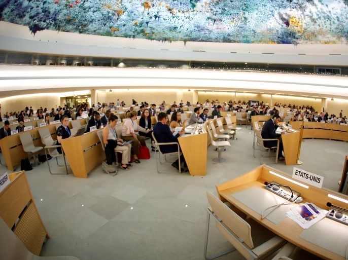 Empty seats of the United States delegation are pictured one day after the U.S. announced their withdraw during a session of the Human Rights Council at the United Nations in Geneva, Switzerland June 20, 2018. Picture taken with a fisheye lens. REUTERS/Denis Balibouse