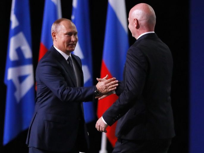 MOSCOW, RUSSIA - JUNE 13: President of Russia, Vladimir Putin and FIFA President Gianni Infantino during the 68th FIFA Congress at the Moscow Expocentre on June 13, 2018 in Moscow, Russia. (Photo by Kevin C. Cox/Getty Images)