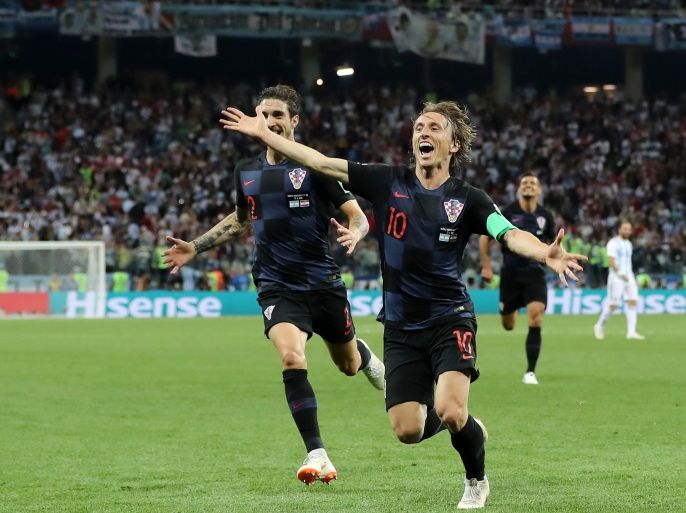 NIZHNY NOVGOROD, RUSSIA - JUNE 21: Luka Modric of Croatia celebrates after scoring his team's second goal during the 2018 FIFA World Cup Russia group D match between Argentina and Croatia at Nizhny Novgorod Stadium on June 21, 2018 in Nizhny Novgorod, Russia. (Photo by Elsa/Getty Images)