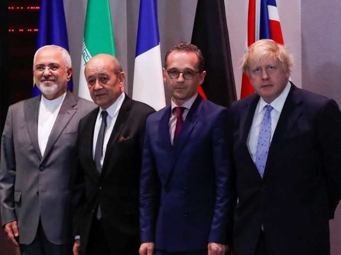 Britain's Foreign Secretary Boris Johnson, German Foreign Minister Heiko Maas, French Foreign Minister Jean-Yves Le Drian and EU High Representative for Foreign Affairs Federica Mogherini take part in meeting with Iran's Foreign Minister Mohammad Javad Zarif in Brussels, Belgium, May 15, 2018. REUTERS/Yves Herman/Pool