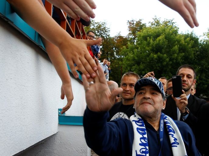 Diego Maradona, Argentina's soccer legend and newly appointed chairman of the board of Dynamo Brest football club, arrives at the stadium to watch the match between Dinamo-Brest and Shakhtyor Soligorsk in Brest, Belarus July 16, 2018. REUTERS/Vasily Fedosenko