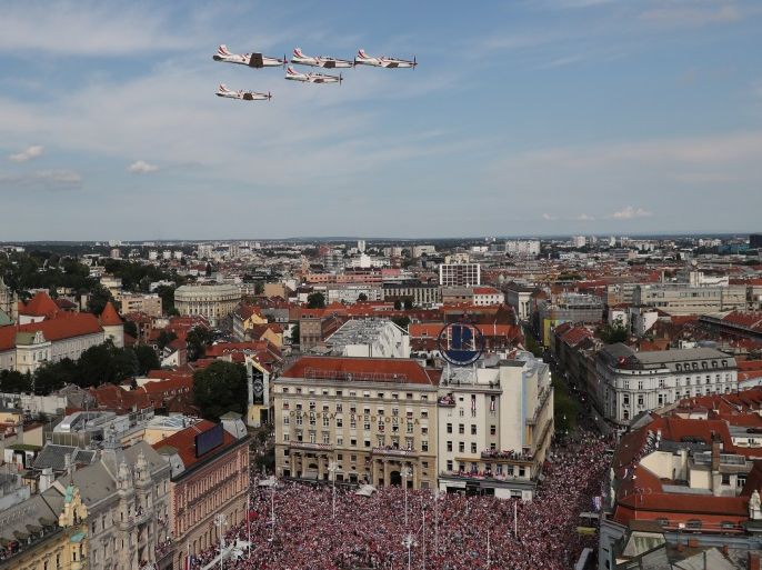 Soccer Football - World Cup - The Croatia team return from the World Cup in Russia - Zagreb, Croatia - July 16, 2018 General view as aeroplanes fly over the main square in Zagreb while Croatia fans await the arrival of the team REUTERS/Marko Djurica