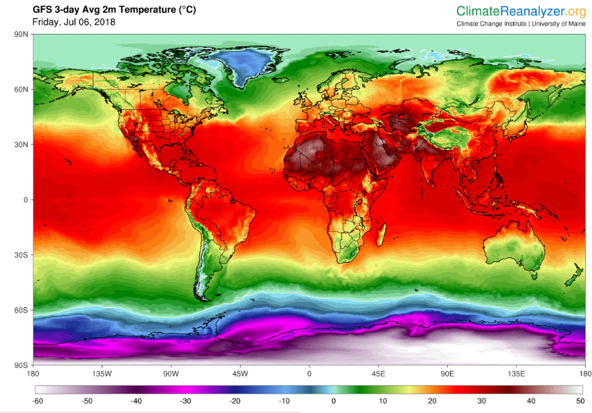 توزيع درجات الحرارة يوم 6 يوليو في كل العالم حسب منصة Climate Reanalyzer التابعة لجامعة ماين بدعم من المؤسسة الوطنية للعلوم   
