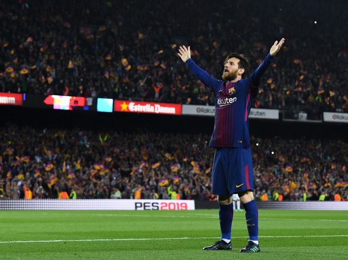 BARCELONA, SPAIN - MAY 06: Lionel Messi of FC Barcelona celebrates after scoring his team's second goal during the La Liga match between Barcelona and Real Madrid at Camp Nou on May 6, 2018 in Barcelona, Spain. (Photo by David Ramos/Getty Images)