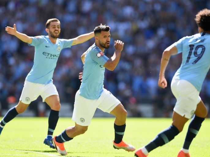 LONDON, ENGLAND - AUGUST 05: Sergio Aguero of Manchester City (c) celebrates scoring his side's first goal during the FA Community Shield between Manchester City and Chelsea at Wembley Stadium on August 5, 2018 in London, England. (Photo by Michael Regan/Getty Images)
