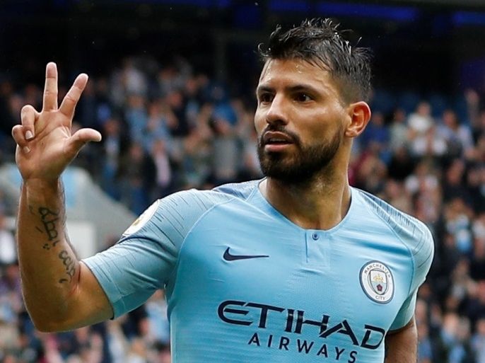 Soccer Football - Premier League - Manchester City v Huddersfield Town - Etihad Stadium, Manchester, Britain - August 19, 2018 Manchester City's Sergio Aguero celebrates scoring their fifth goal to complete his hat-trick REUTERS/Darren Staples EDITORIAL USE ONLY. No use with unauthorized audio, video, data, fixture lists, club/league logos or