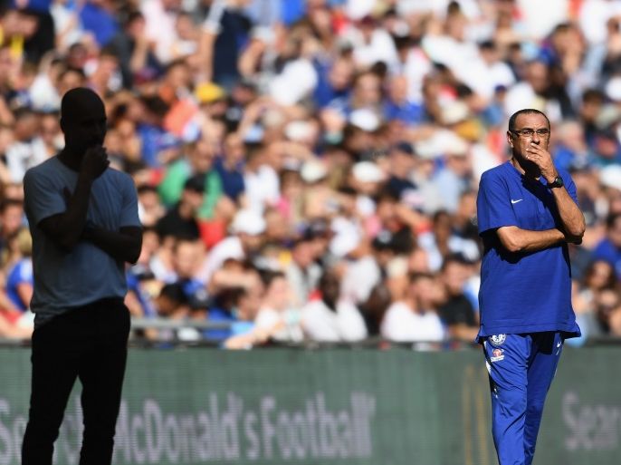 LONDON, ENGLAND - AUGUST 05: Maurizio Sarri, Head Coach of Chelsea looks on during the FA Community Shield between Manchester City and Chelsea at Wembley Stadium on August 5, 2018 in London, England. (Photo by Clive Mason/Getty Images)