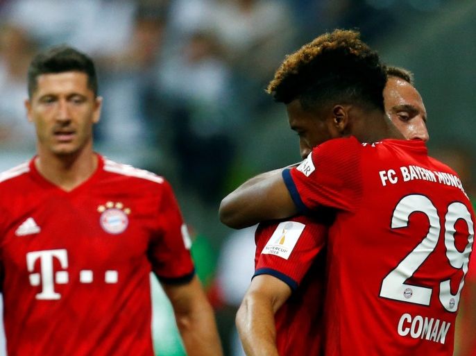 Soccer Football - German Super Cup - Eintracht Frankfurt v Bayern Munich - Commerzbank-Arena, Frankfurt, Germany - August 12, 2018 Bayern Munich's Kingsley Coman celebrates scoring their fourth goal with team mates REUTERS/Ralph Orlowski DFL regulations prohibit any use of photographs as image sequences and/or quasi-video