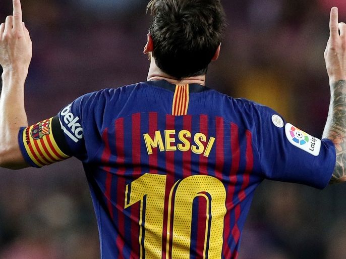 Soccer Football - La Liga Santander - FC Barcelona v Alaves - Camp Nou, Barcelona, Spain - August 18, 2018 Barcelona's Lionel Messi celebrates scoring their third goal REUTERS/Albert Gea