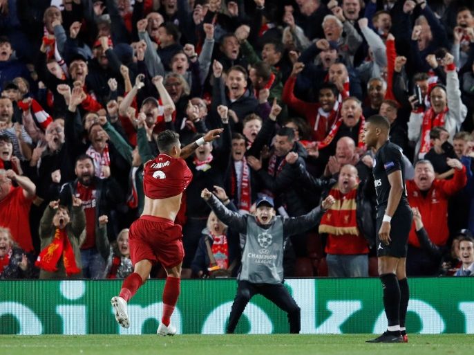 Soccer Football - Champions League - Group Stage - Group C - Liverpool v Paris St Germain - Anfield, Liverpool, Britain - September 18, 2018 Liverpool's Roberto Firmino celebrates scoring their third goal REUTERS/Phil Noble
