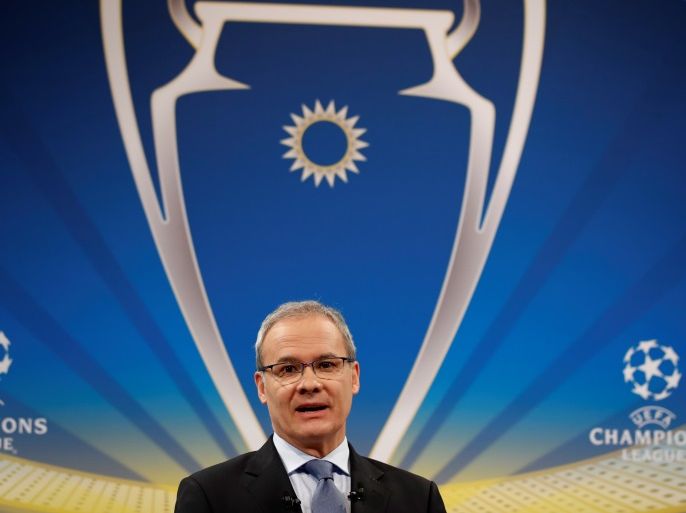 Soccer Football - Champions League Semi-Final Draw - Nyon, Switzerland - April 13, 2018 UEFA competitions director Giorgio Marchetti during the draw REUTERS/Stefan Wermuth
