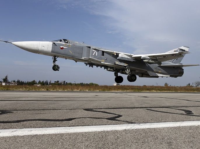 FILES - A Sukhoi Su-24 fighter jet takes off from the Hmeymim air base near Latakia, Syria, in this handout photograph released by Russia's Defence Ministry on October 22, 2015. REUTERS/Ministry of Defence of the Russian Federation/Handout via Reuters ATTENTION EDITORS - THIS PICTURE WAS PROVIDED BY A THIRD PARTY. REUTERS IS UNABLE TO INDEPENDENTLY VERIFY THE AUTHENTICITY, CONTENT, LOCATION OR DATE OF THIS IMAGE. EDITORIAL USE ONLY. NOT FOR SALE FOR MARKETING OR ADVERT
