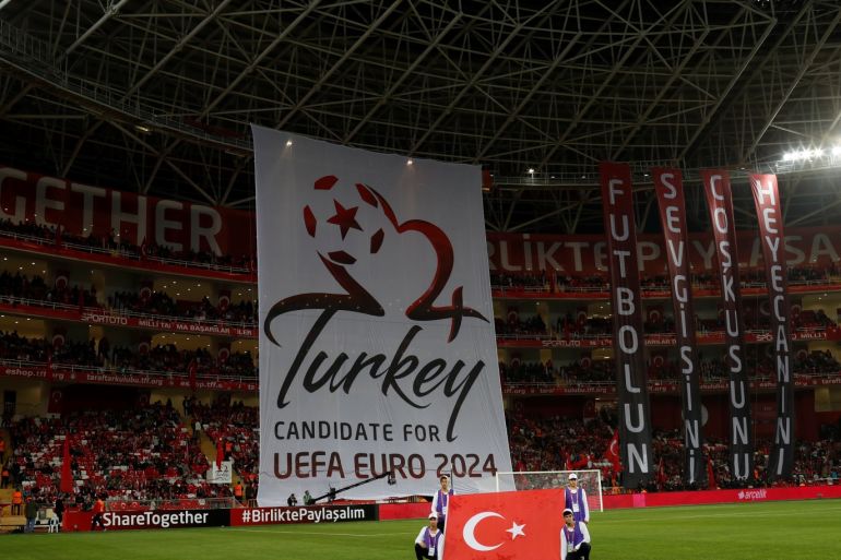 A huge banner of Turkey's Euro 2024 bid is pictured before a friendly soccer match between Turkey and Republic of Ireland at Antalya Stadium in Antalya, Turkey March 23, 2018. Picture taken March 23, 2018. REUTERS/Murad Sezer