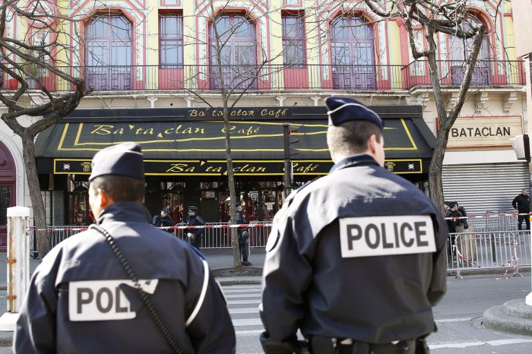 PARIS, FRANCE - MARCH 17: Police officers patrol outside the Bataclan concert hall where security forces are retracing the actions of the police during November's terrorist attacks for a parliamentary committee investigation and on March 17, 2016 in Paris, France. The parliamentary committee is investigating the terrorist attacks of November 13, 2015, which left 130 people dead across Paris, 89 of which were killed at the Bataclan. Their report is due to be published in July. (Photo by Thierry Chesnot/Getty Images)
