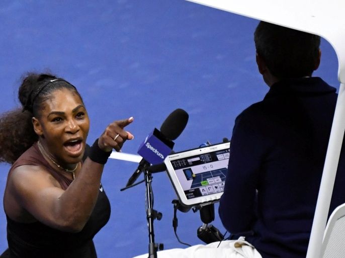 Sep 8, 2018; New York, NY, USA; Serena Williams of the United States yells at chair umpire Carlos Ramos in the women's final against Naomi Osaka of Japan on day thirteen of the 2018 U.S. Open tennis tournament at USTA Billie Jean King National Tennis Center. Mandatory Credit: Danielle Parhizkaran-USA TODAY SPORTS TPX IMAGES OF THE DAY
