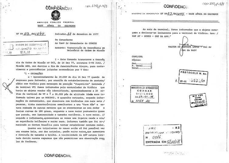 
وثيقة رفعت عنها السرية وصفت رؤية جسم غامض في ديسمبر 1977، في باهيا، شمال البرازيل  (مواقع التواصل )
